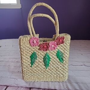 Vintage Natural Straw Purse Floral Embroidery Square Handbag Lined Snap Closure